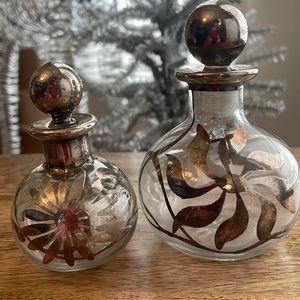 🤎Antique Perfume Bottles Set ,with Silver painted overlay.